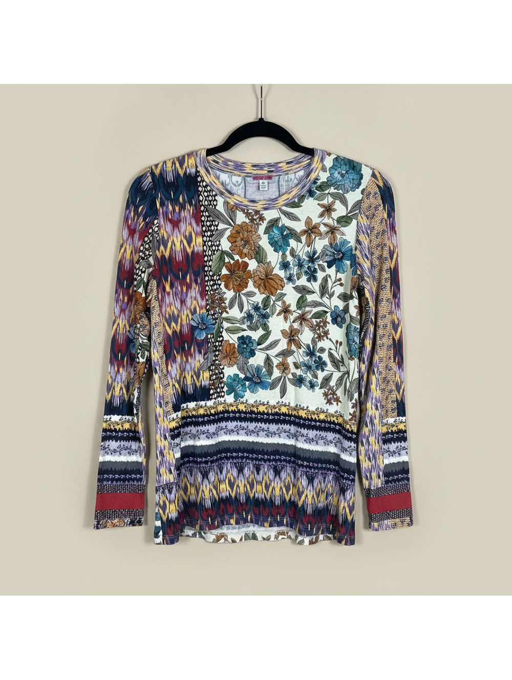 Johnny Was Bohemian Floral Long Sleeve Scoop Neck Top Art to Wear Women's Small